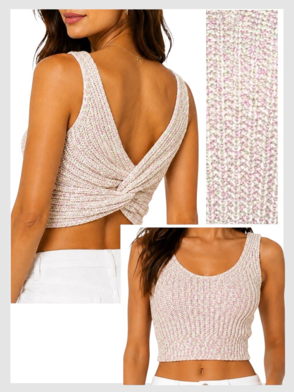 Lulu's Knit Cropped Tank Lavender Green Cream Twist Back Ribbed S